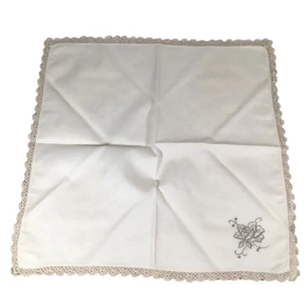 Set of 4 Vintage Ecru Linen Dinner Napkins w/Taupe Embroidered Flower & Edging